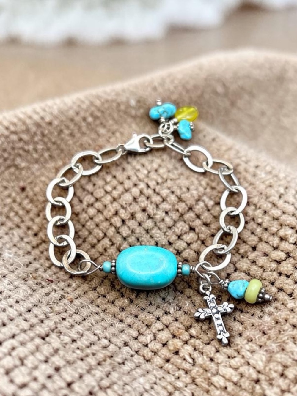 925 Sterling Silver Turquoise Cross Link Bracelet 8”